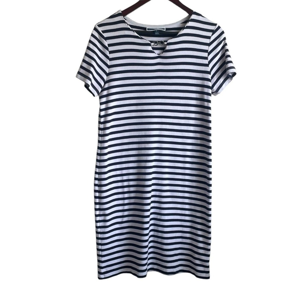 Karen Scott Women Nautical Preppy T-Shirt Dress M Navy Blue Striped Knit Coastal